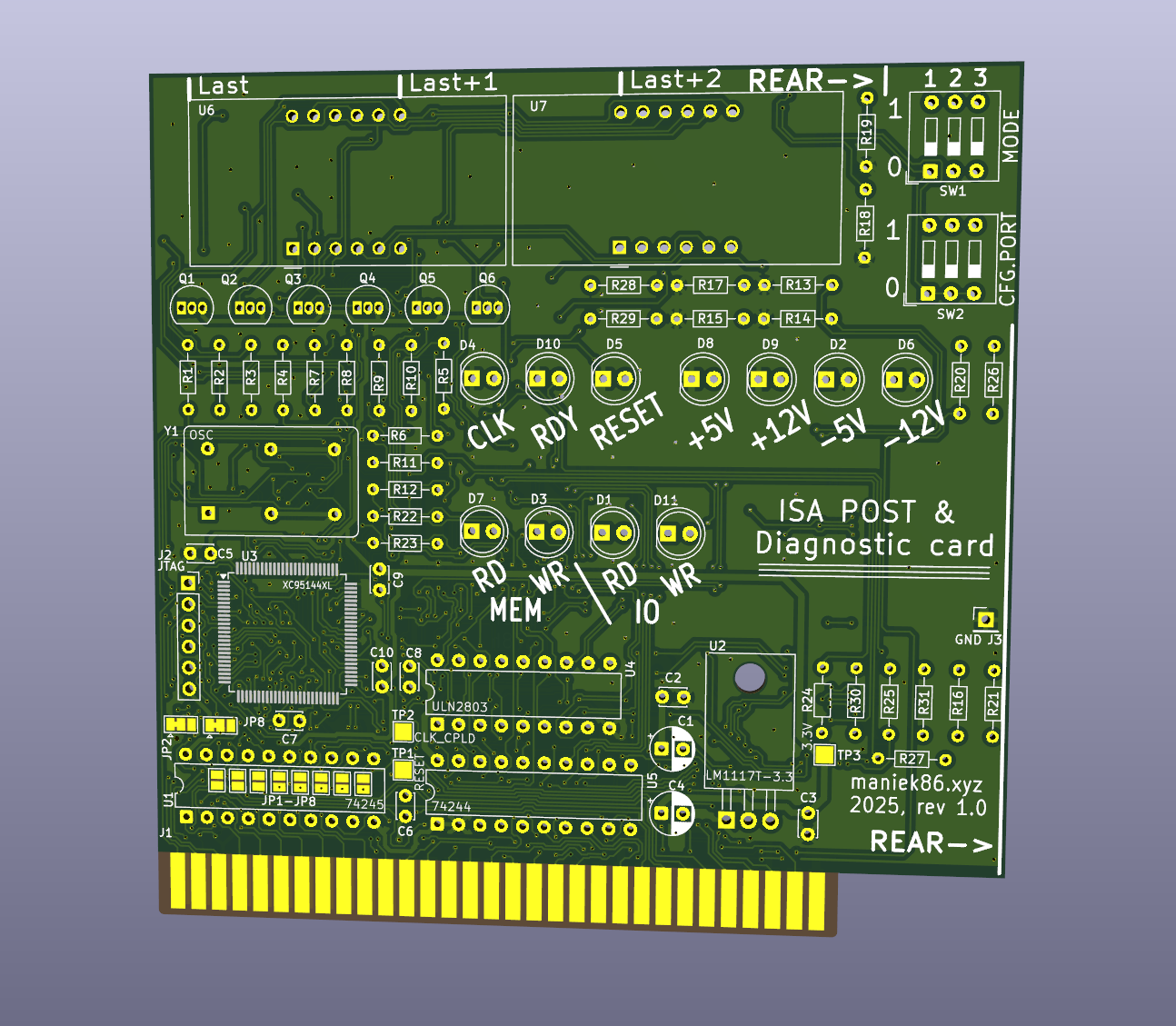 3D render przodu wersji PCB karty POST