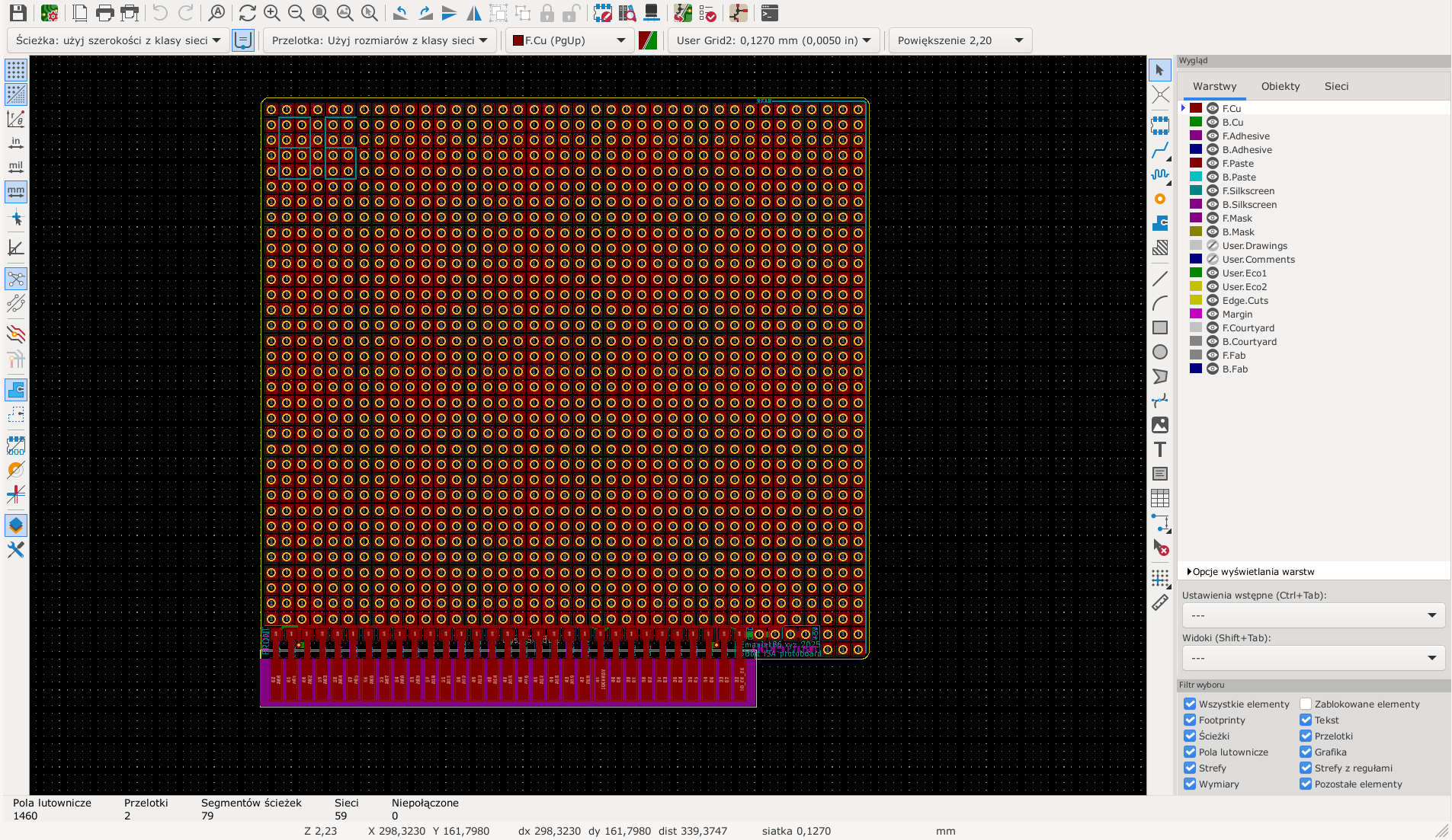 Screenshot from the KiCad PCB editor of the protoboard